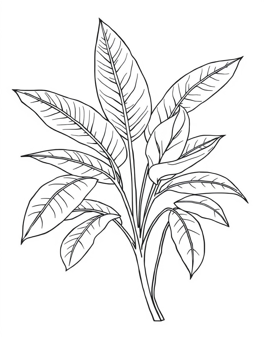 Risco para bordado de Plantas  Folhagens Tropicais "Um desenho linear em preto e branco representando diferentes tipos de folhagens tropicais, como costela-de-ado, samambaia e eucalipto. O risco deve