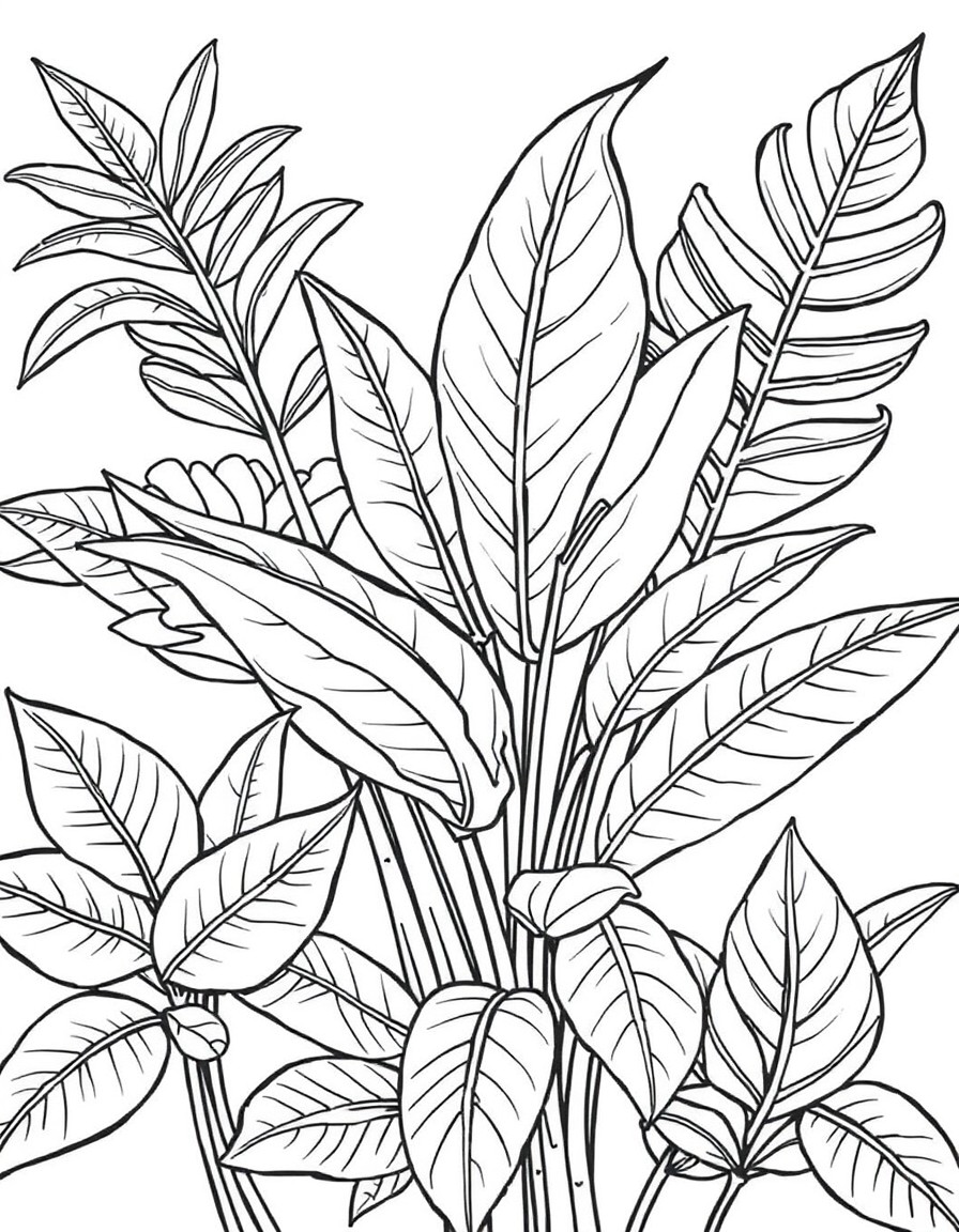 Risco para bordado de Plantas  Folhagens Tropicais "Um desenho linear em preto e branco representando diferentes tipos de folhagens tropicais, como costela-de-ado, samambaia e eucalipto. O risco deve