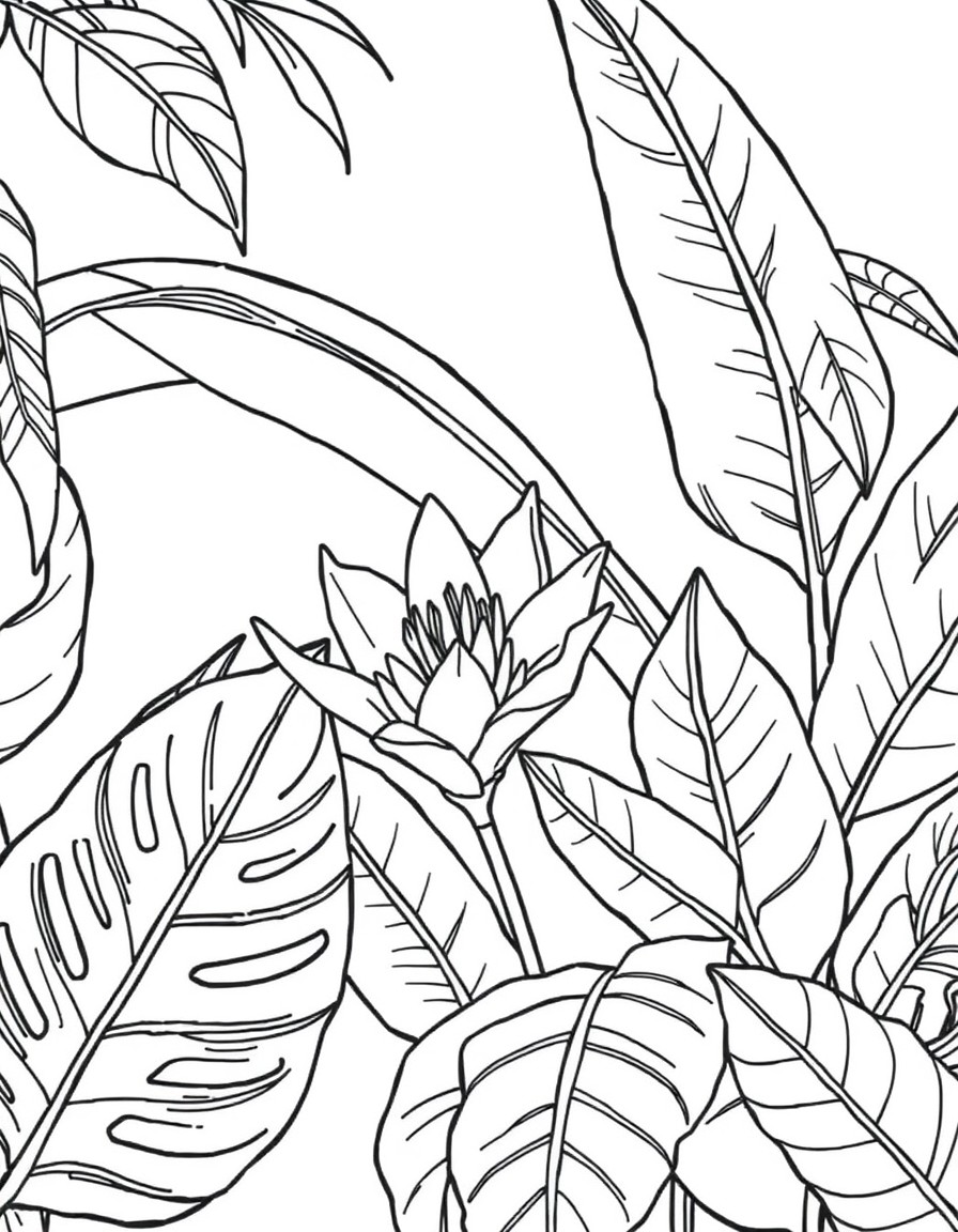 Risco para bordado de Plantas  Folhagens Tropicais "Um desenho linear em preto e branco representando diferentes tipos de folhagens tropicais, como costela-de-ado, samambaia e eucalipto. O risco deve