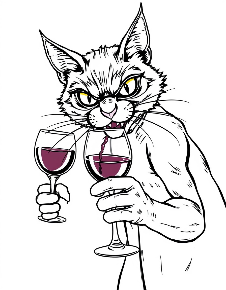 un chat monstrueux diabolique avec un verre de vin a la main illustration affiche de film d'horreur
