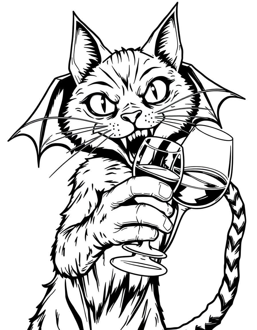 un chat monstrueux diabolique avec un verre de vin a la main illustration affiche de film d'horreur