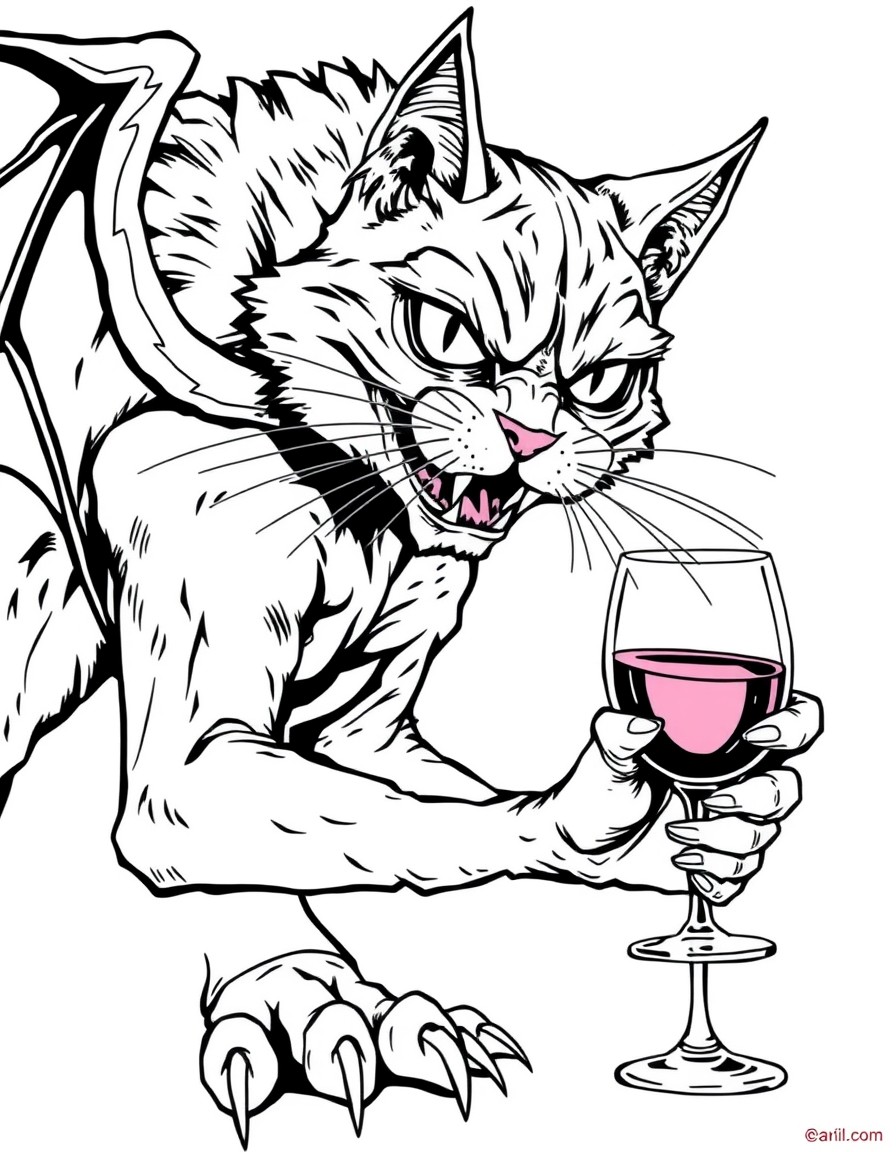 un chat monstrueux diabolique avec un verre de vin a la main illustration affiche de film d'horreur