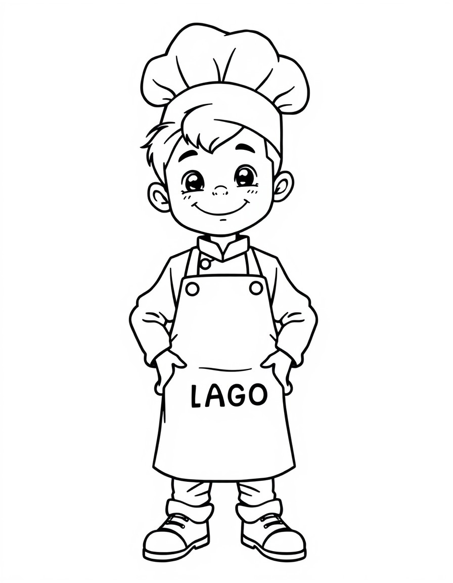 A chef boy 5 years old with the text 'IAGO' on the apron