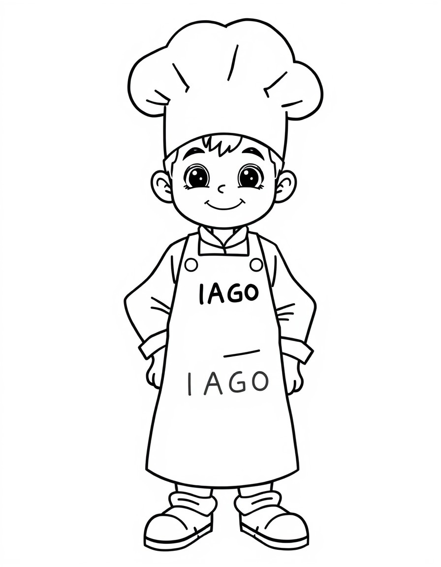 A chef boy 5 years old with the text 'IAGO' on the apron