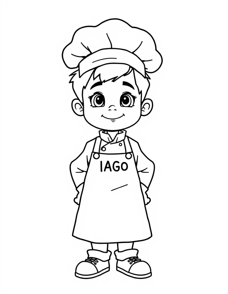 A chef boy 5 years old with the text 'IAGO' on the apron