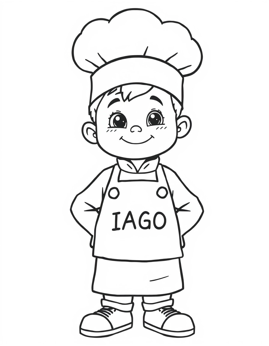 A chef boy 5 years old with the text 'IAGO' on the apron