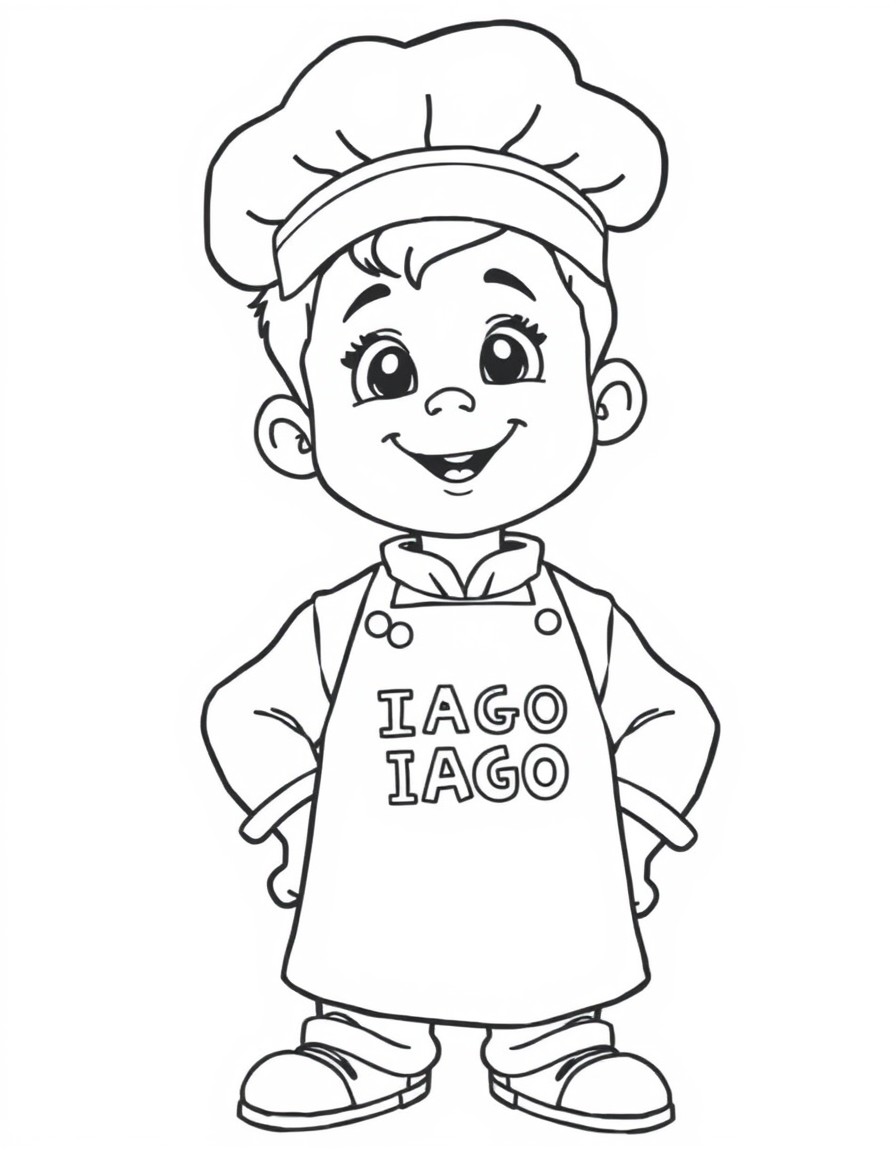 A chef boy 5 years old with the text 'IAGO' on the apron and a spoon on the hand