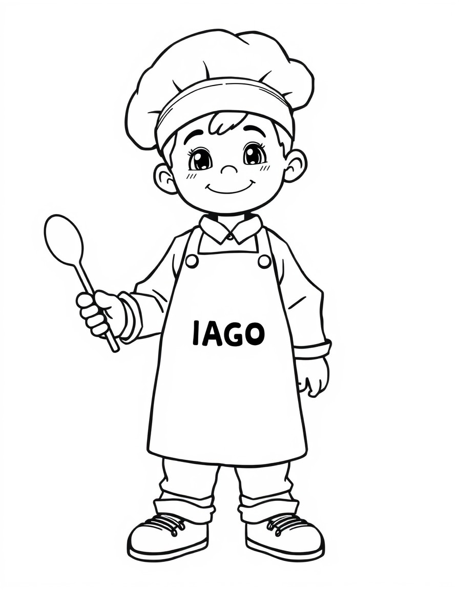 A chef boy 5 years old with the text 'IAGO' on the apron and a spoon on the hand