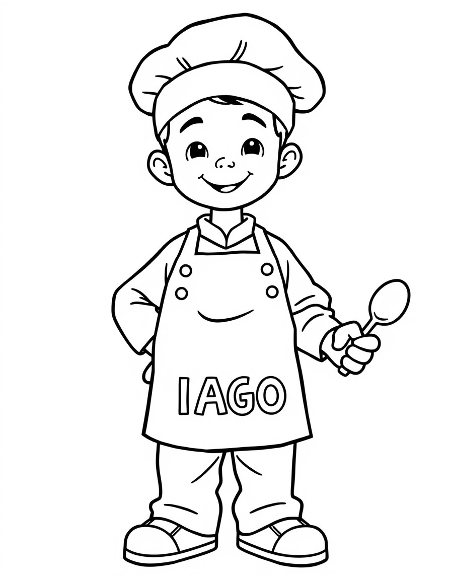 A chef boy 5 years old with the text 'IAGO' on the apron and a spoon on the hand