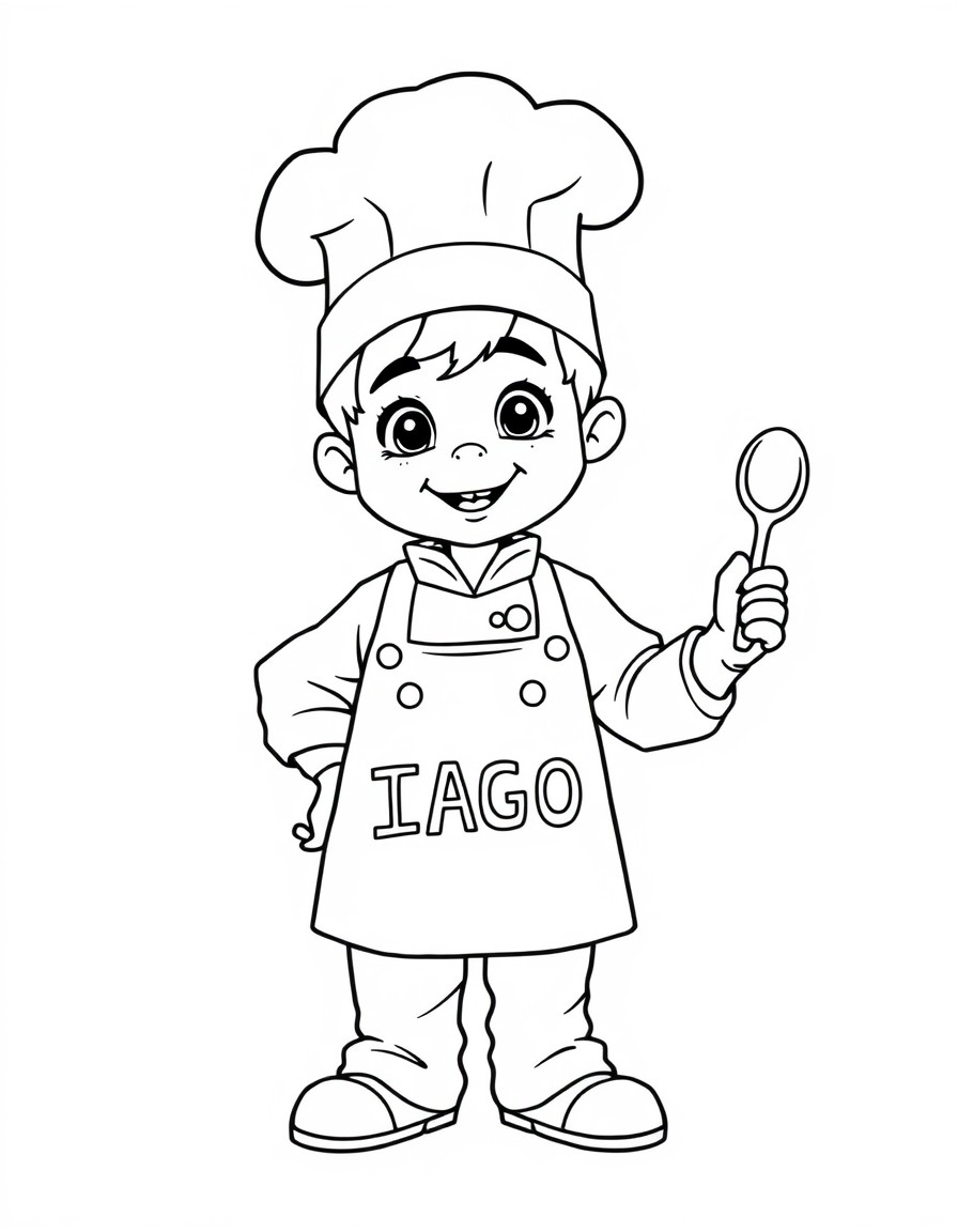 A chef boy 5 years old with the text 'IAGO' on the apron and a spoon on the hand