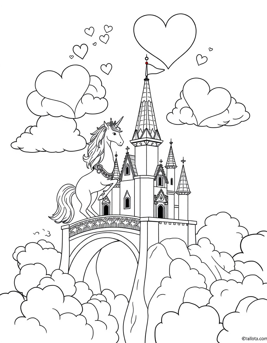A unicorn and an prinsess on a castel with a bridge in the clouds. The clouds have hearts
