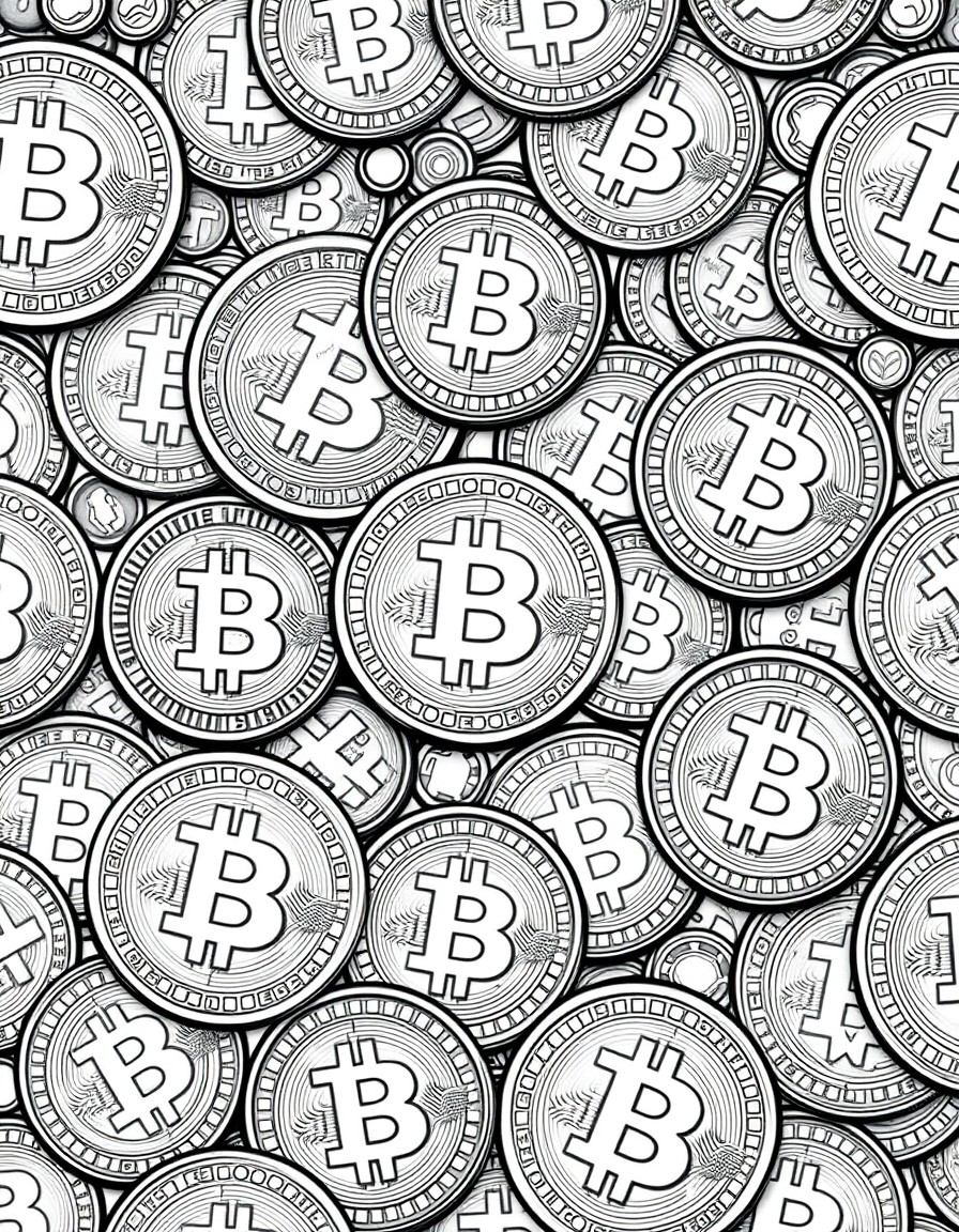 A seamless, densely packed A4 coloring page filled with Bitcoin coins. The coins vary in size and orientation, some cracked or worn, others polished and engraved with the iconic Bitcoin logo. Slightly