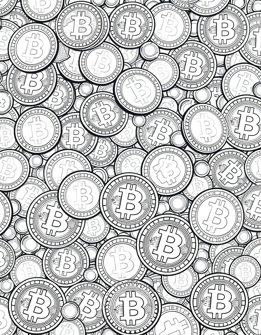 A seamless, densely packed A4 coloring page filled with Bitcoin coins. The coins vary in size and orientation, some cracked or worn, others polished and engraved with the iconic Bitcoin logo. Slightly