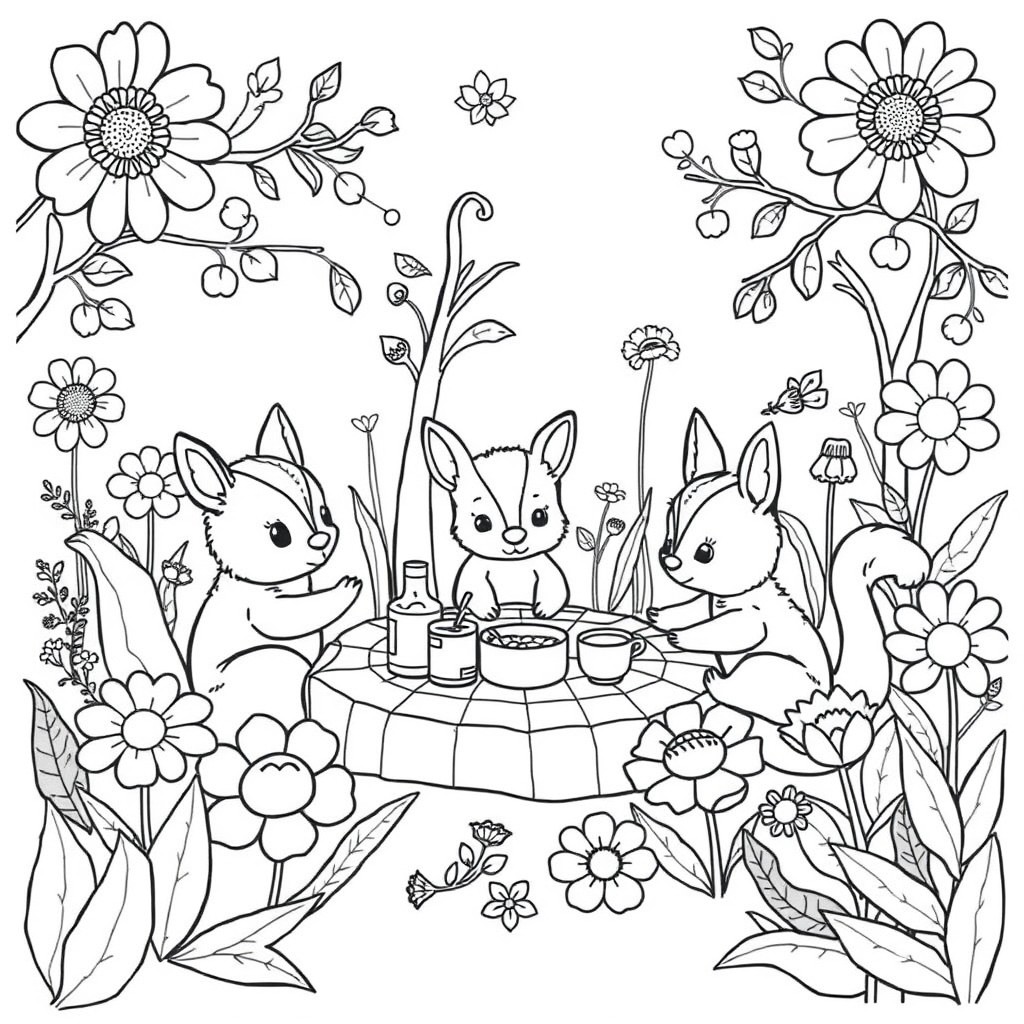 Adorable woodland creatures enjoying a picnic amidst a garden of oversized, whimsical flowers.