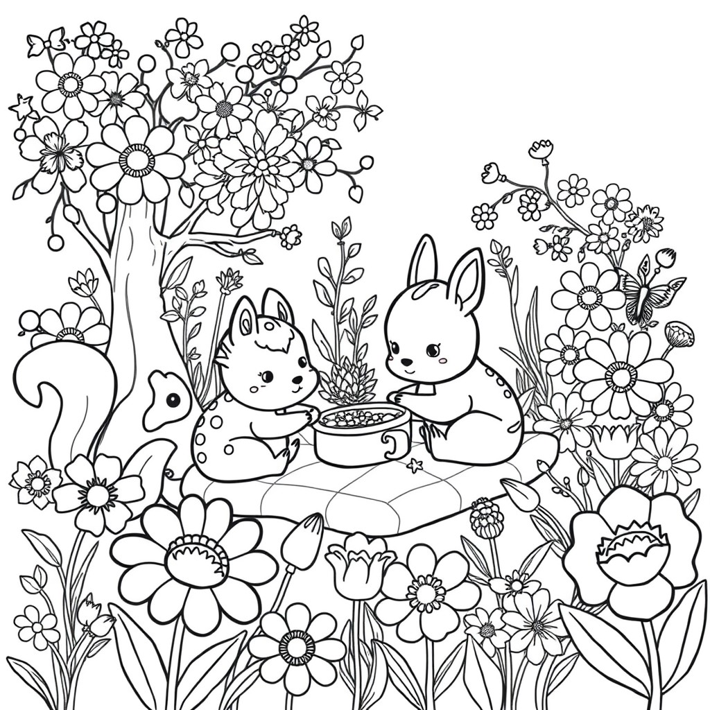 Adorable woodland creatures enjoying a picnic amidst a garden of oversized, whimsical flowers.