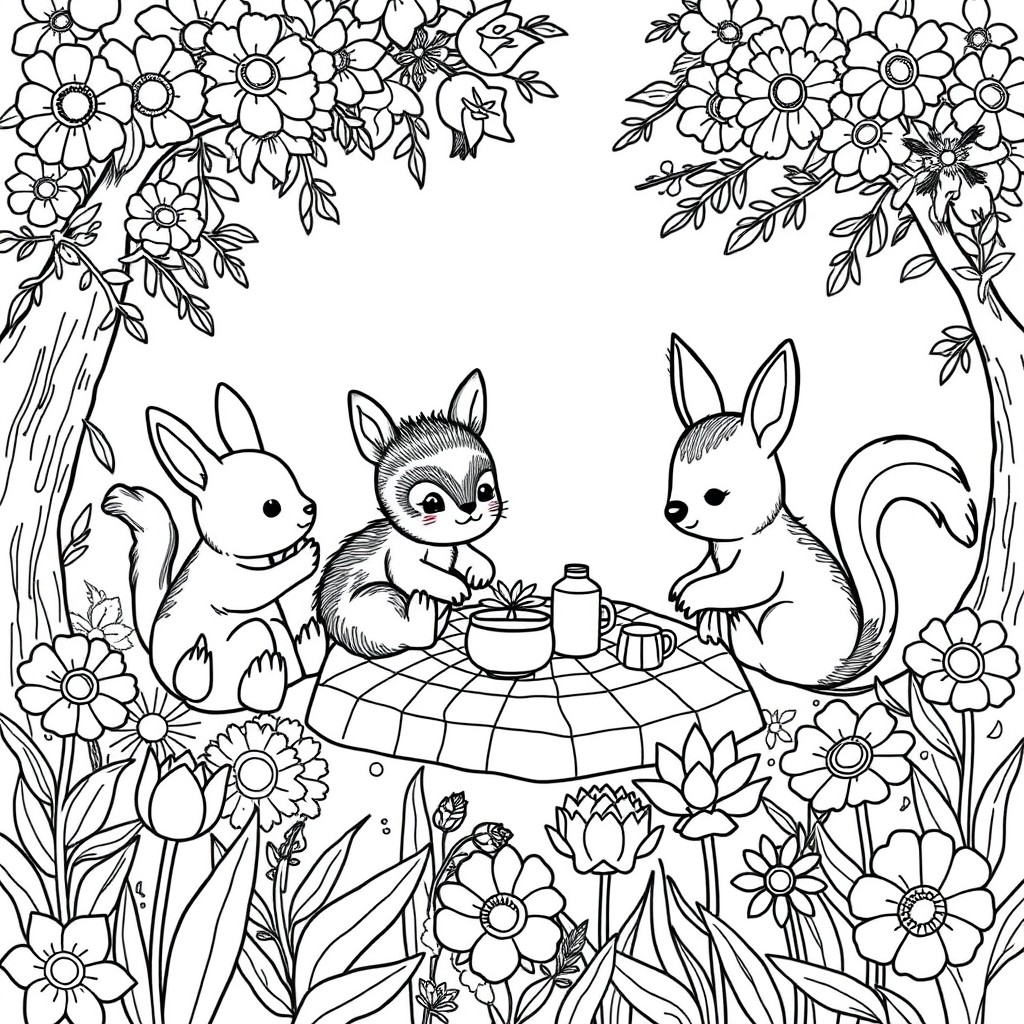 Adorable woodland creatures enjoying a picnic amidst a garden of oversized, whimsical flowers.