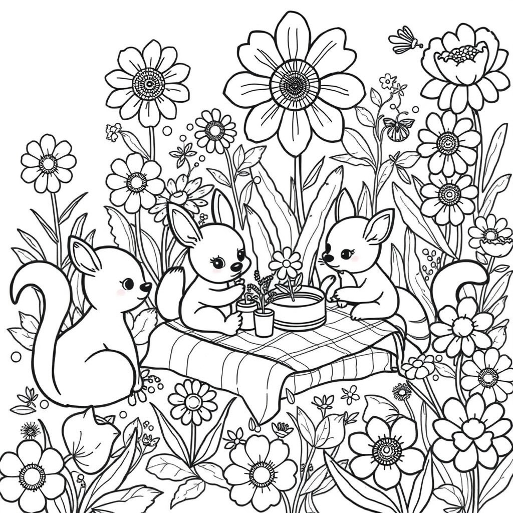 Adorable woodland creatures enjoying a picnic amidst a garden of oversized, whimsical flowers.