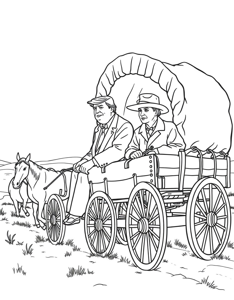 donald trump and joe biden traveling west in covered wagons during oregon trail