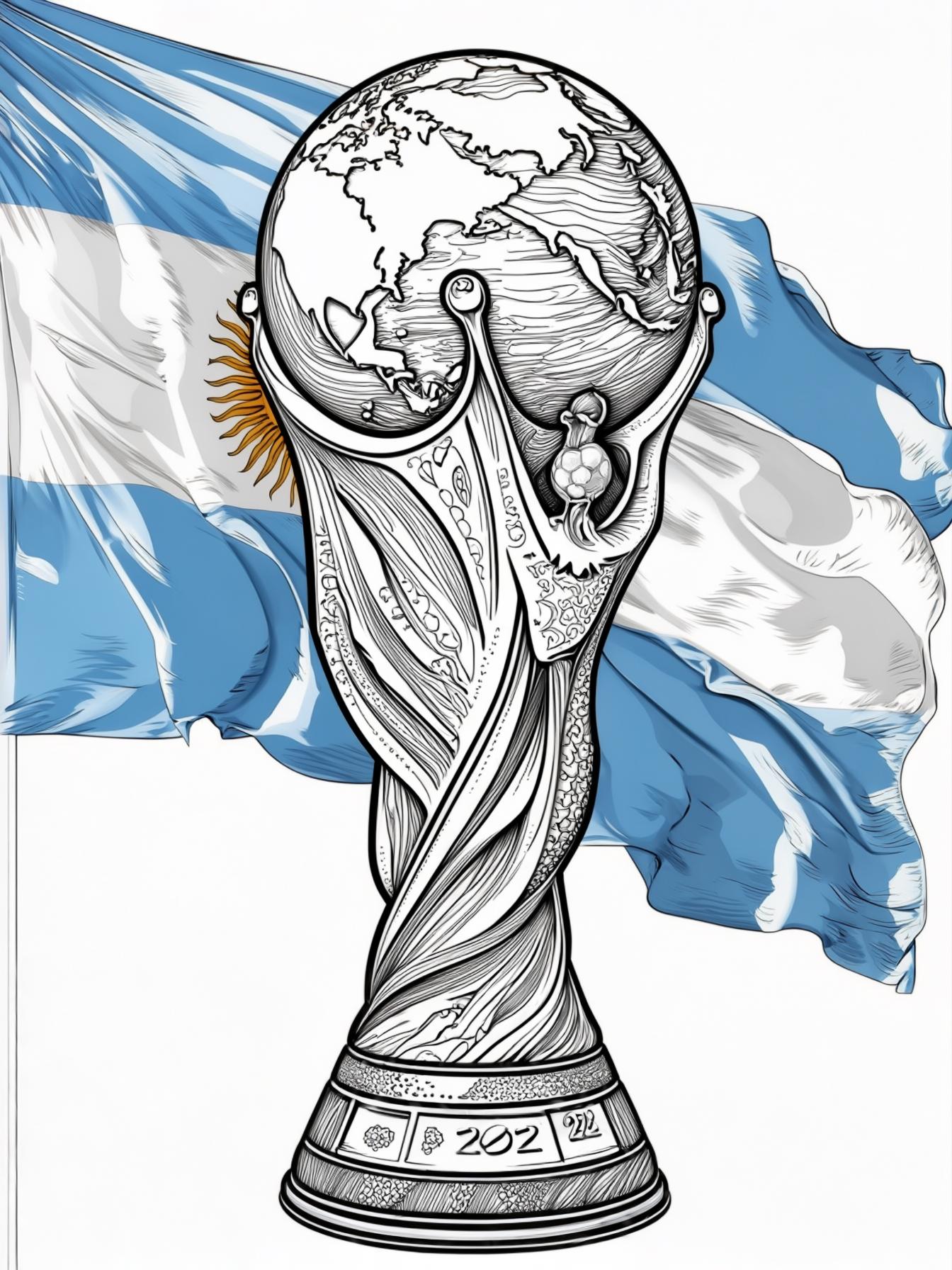 The World Cup trophy 2022 with the argentinian flag waving in the background, detailed line art, for advanced coloring"