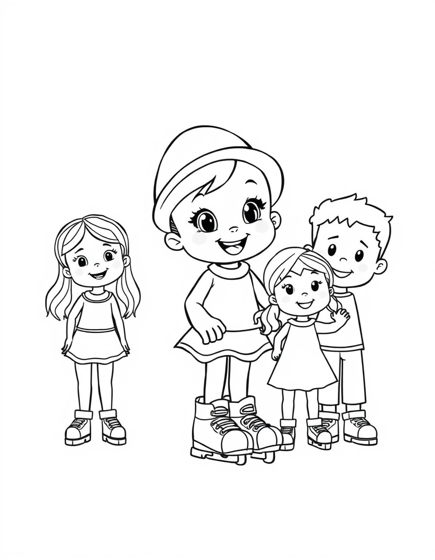 Bluey wearing a hat and roller blades next to her family members