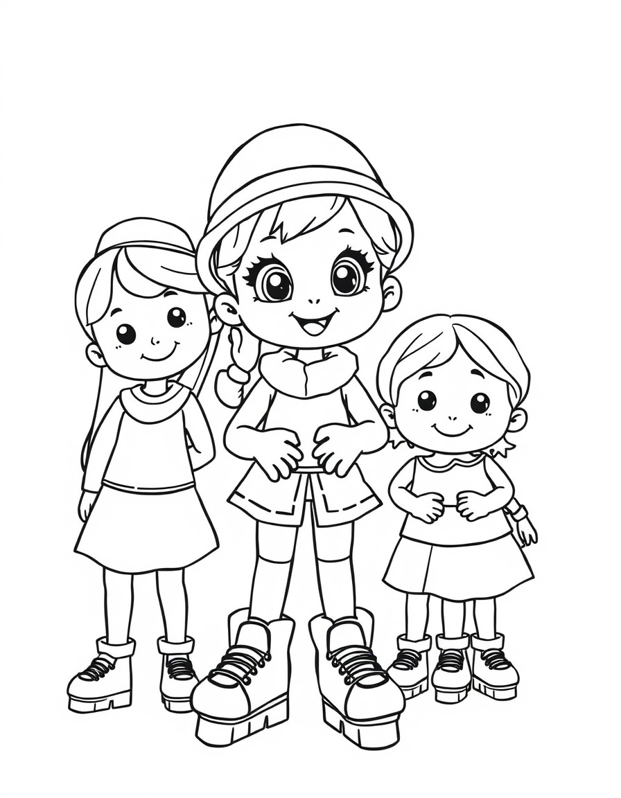 Bluey wearing a hat and roller blades next to her family members