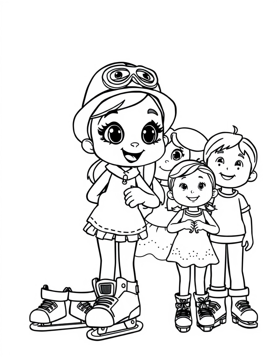 Bluey wearing a hat and roller blades next to her family members