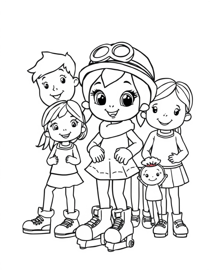 Bluey wearing a hat and roller blades next to her family members