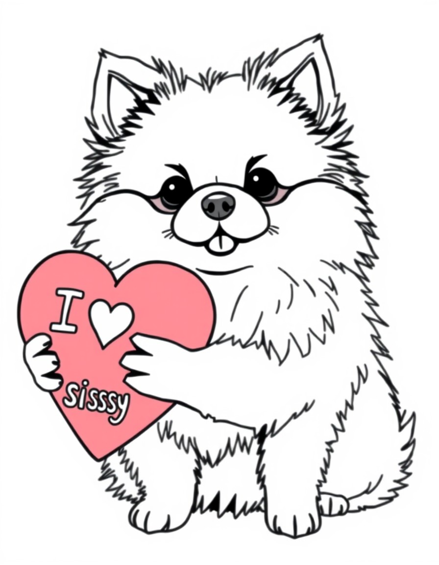 Pomeranian holding a heart that says I heart sissy