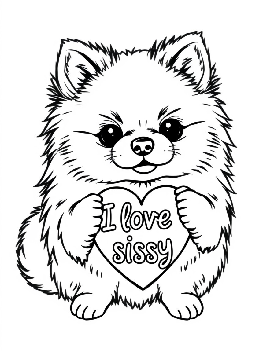 Pomeranian holding a heart that says I heart sissy