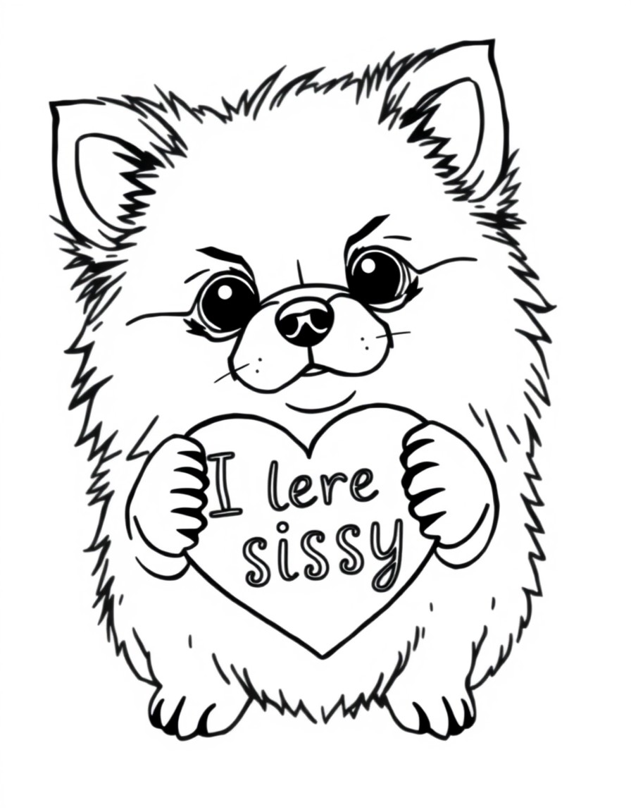 Pomeranian holding a heart that says I heart sissy