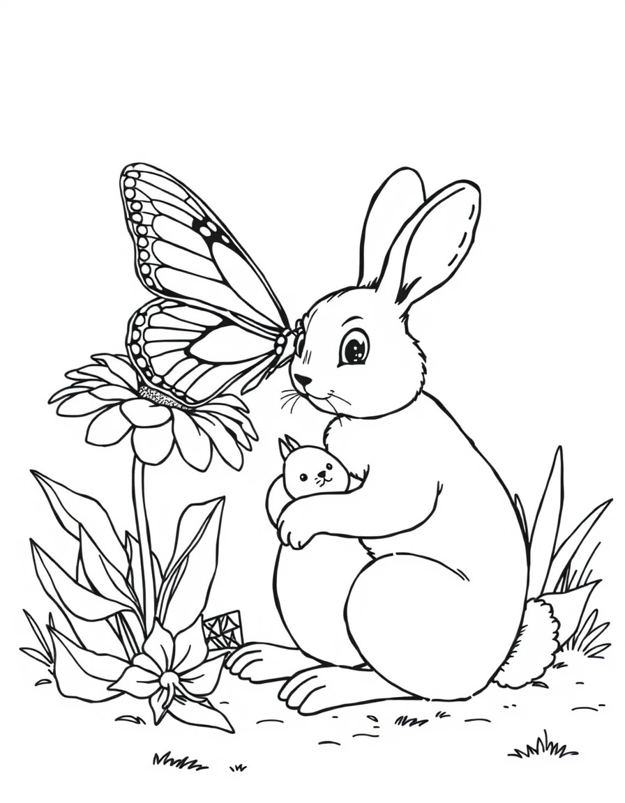 Butterfly sitting on a flower rabbit sitting on the ground and kuddling its mummy
