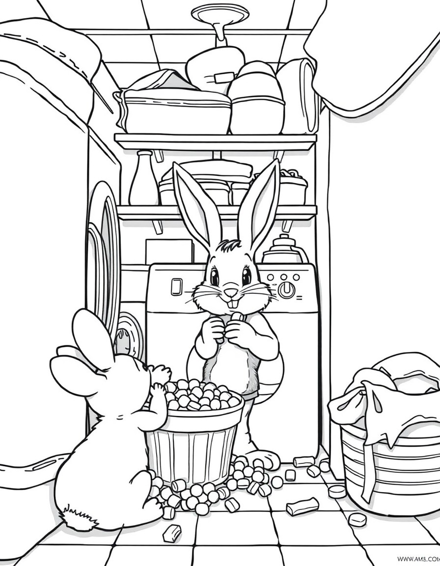 Bunny mom hiding in laundry room eating candy hiding from her feral kids in a massive about of laundry