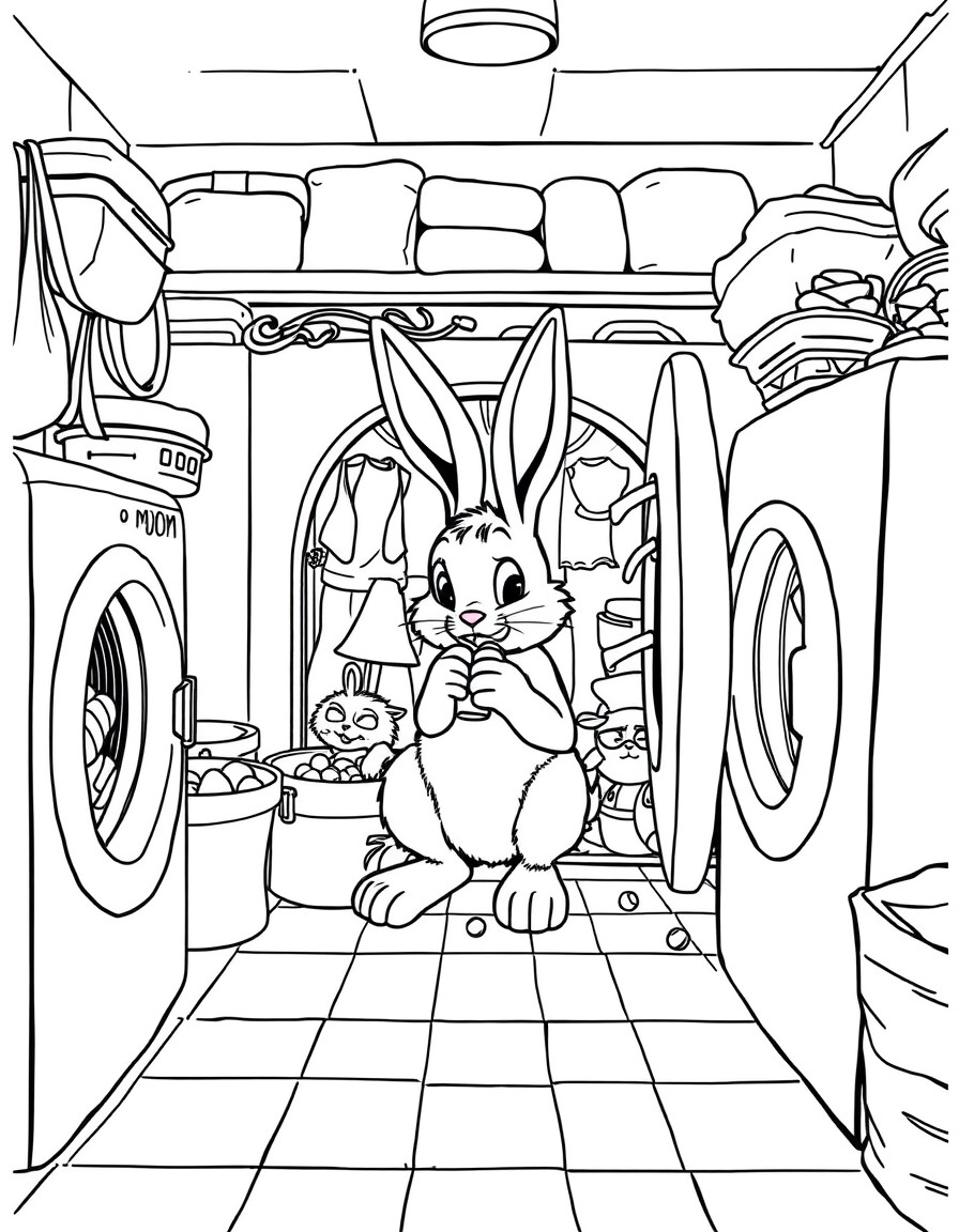 Bunny mom hiding in laundry room eating candy hiding from her feral kids in a massive about of laundry