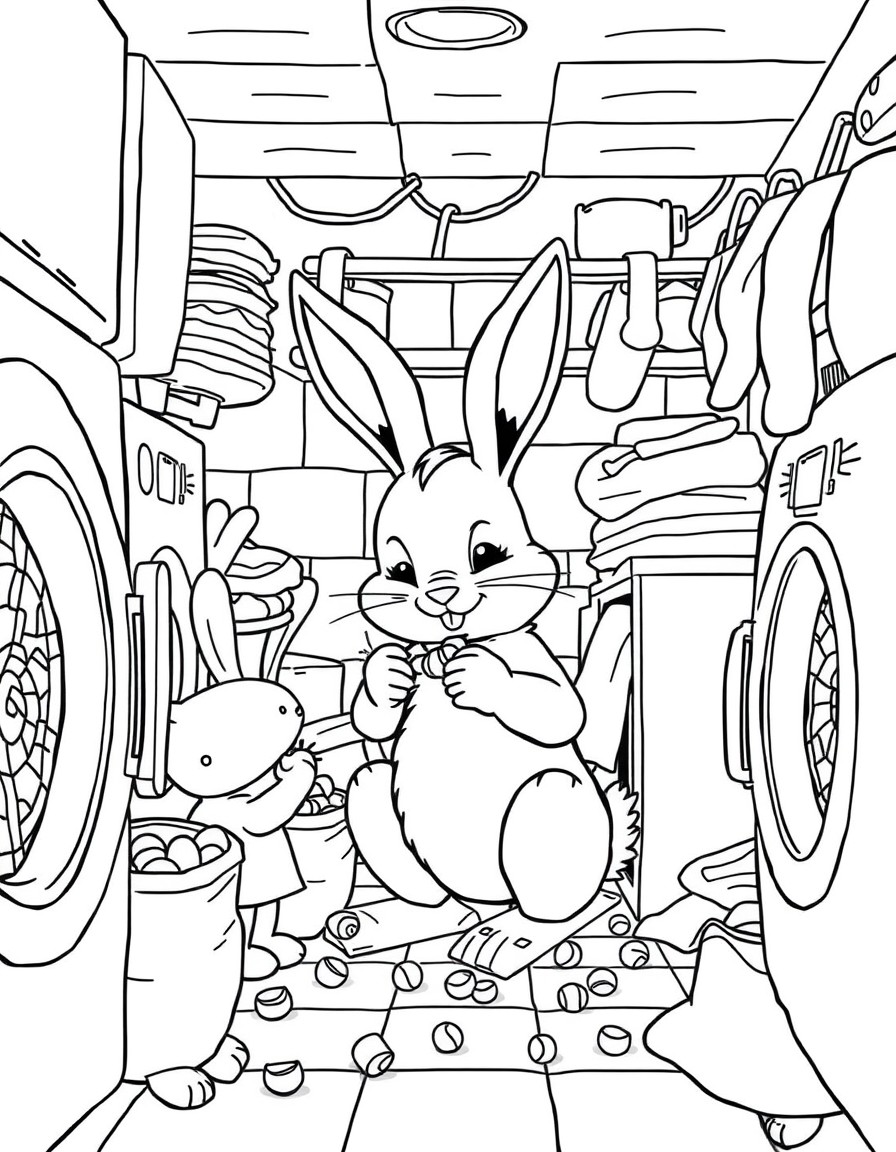 Bunny mom hiding in laundry room eating candy hiding from her feral kids in a massive about of laundry