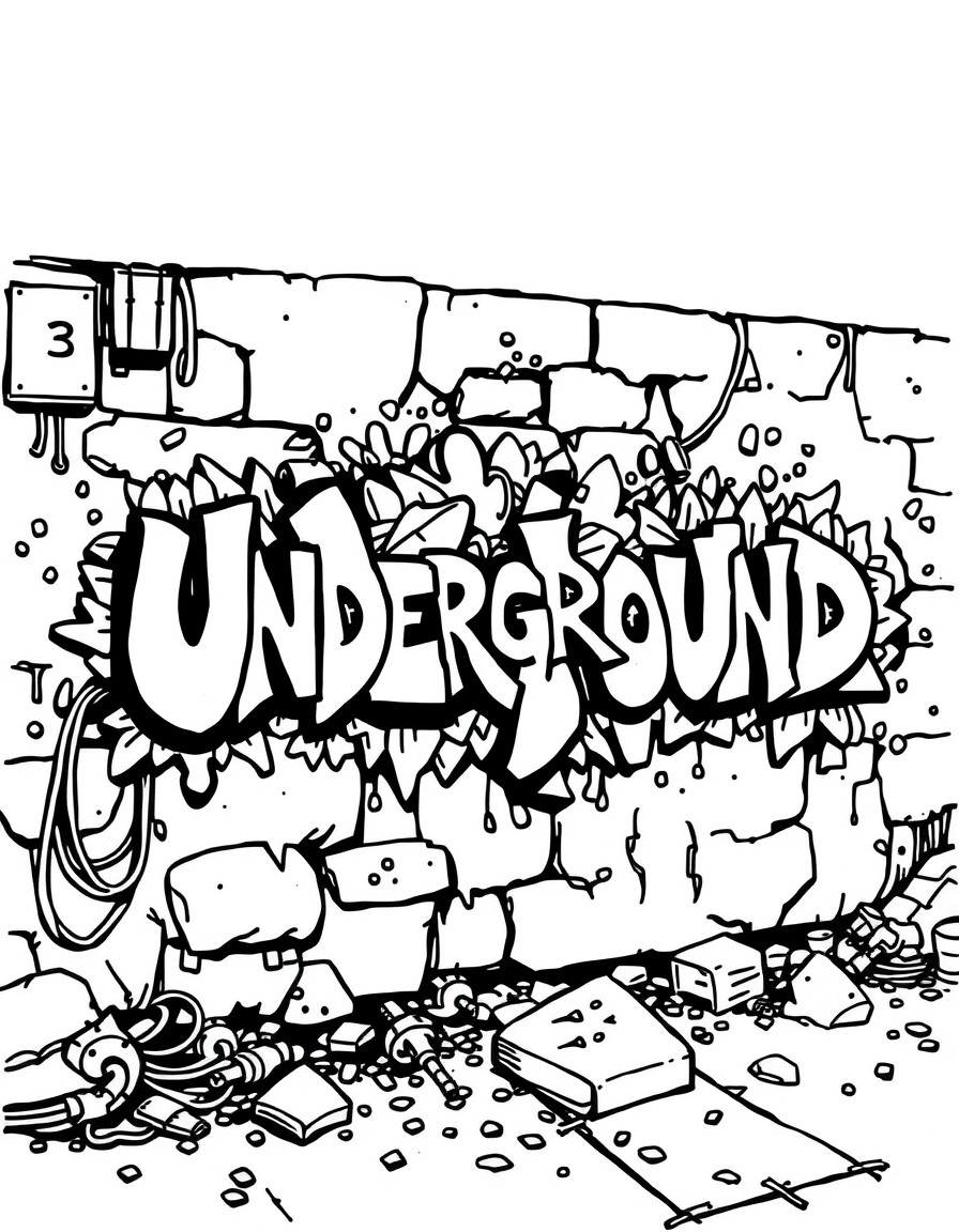 A street art grafitti of the word Underground with a lot of details around it