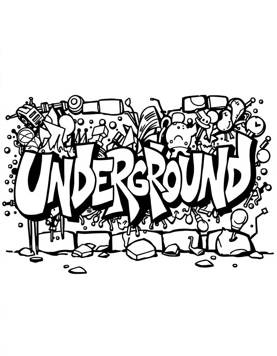 A street art grafitti of the word Underground with a lot of details around it