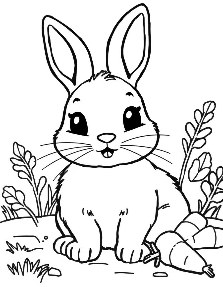 Create a drawing of a cuddly rabbit, with a natural environment and with carrots