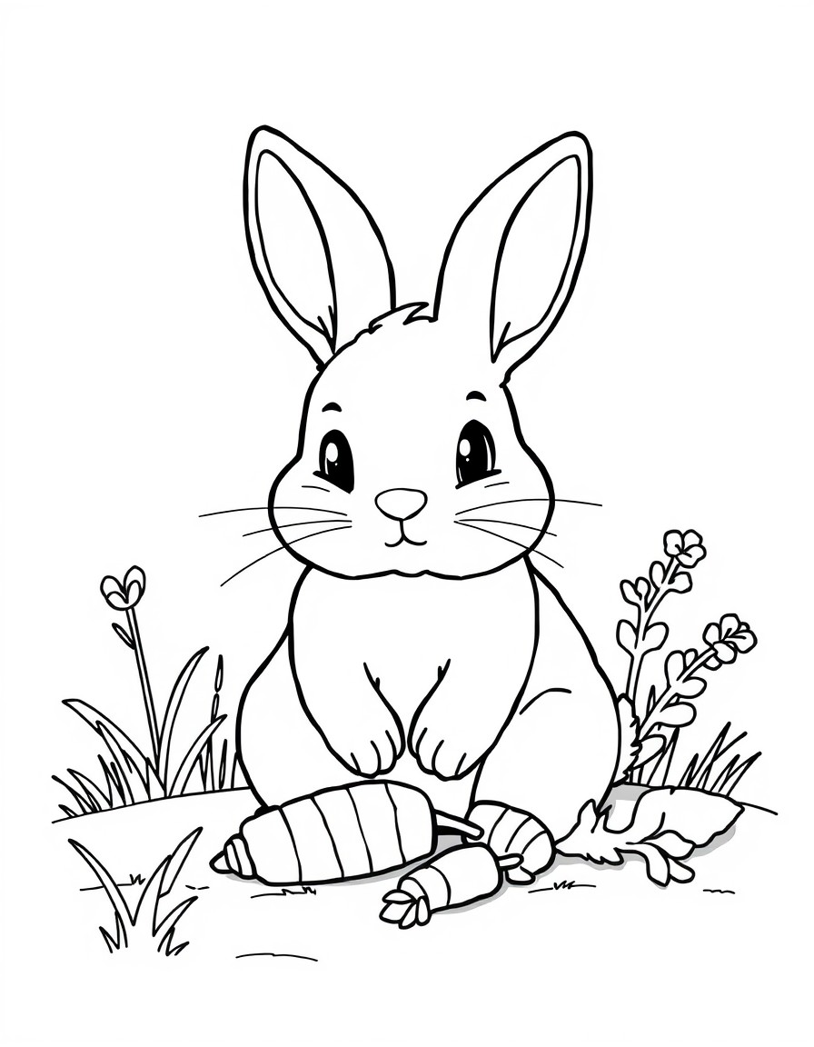 Create a drawing of a cuddly rabbit, with a natural environment and with carrots