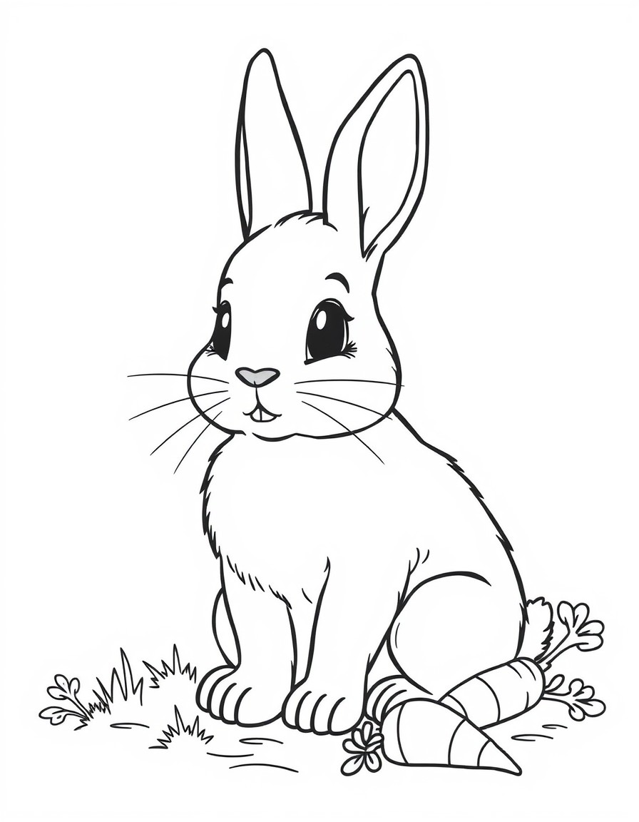 Create a drawing of a cuddly rabbit, with a natural environment and with carrots