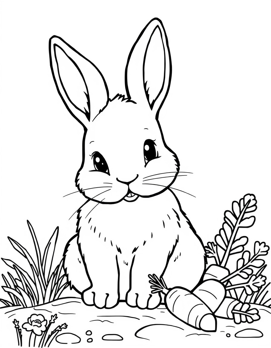 Create a drawing of a cuddly rabbit, with a natural environment and with carrots