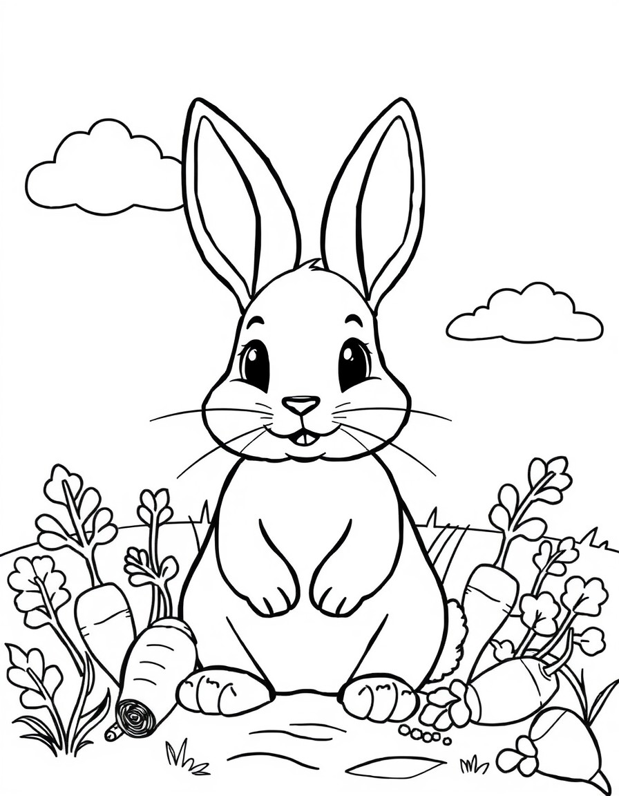 Create a drawing of a cute rabbit, with a natural environment and with carrots, sky with clouds