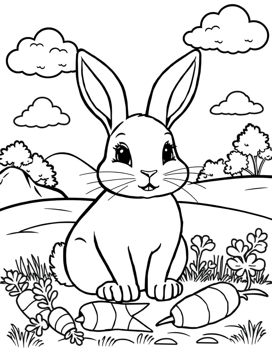 Create a drawing of a cute rabbit, with a natural environment and with carrots, sky with clouds