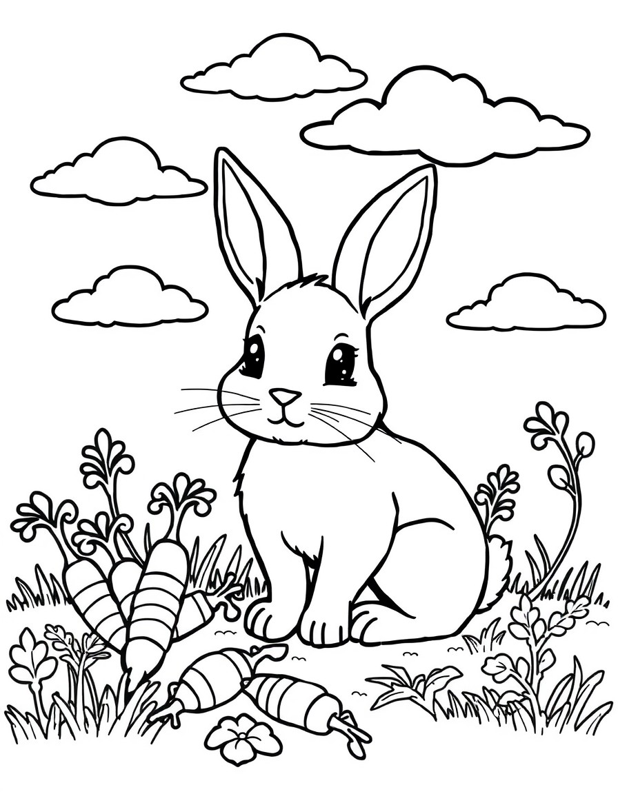 Create a drawing of a cute rabbit, with a natural environment and with carrots, sky with clouds