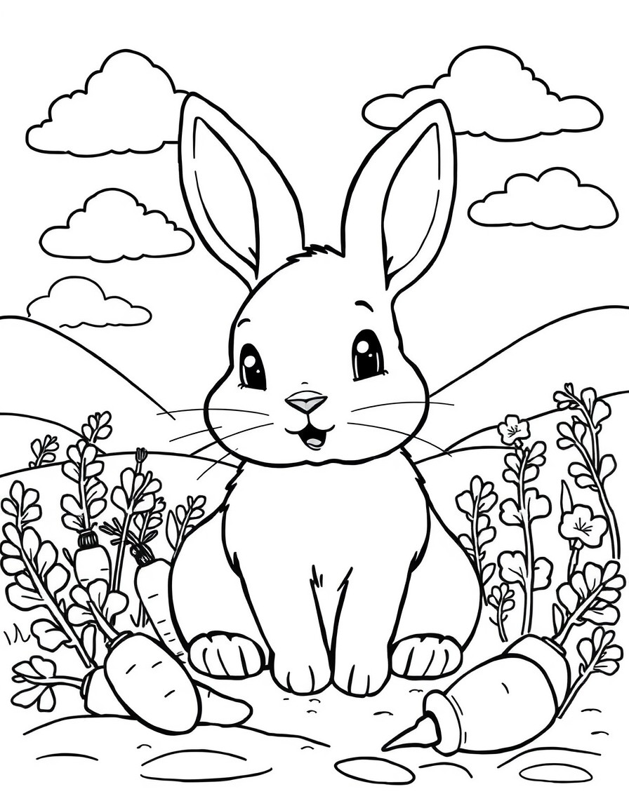 Create a drawing of a cute rabbit, with a natural environment and with carrots, sky with clouds