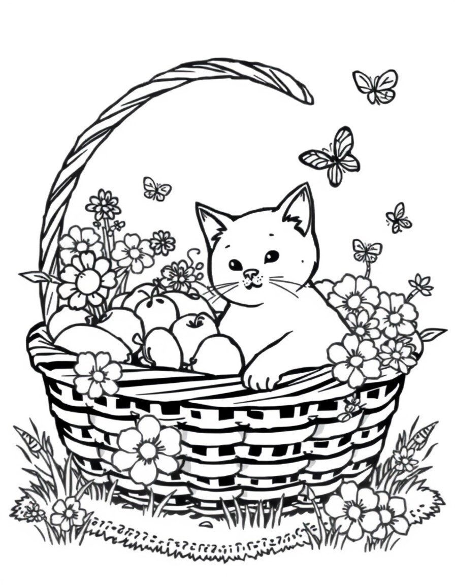 Create a drawing of a cat can be lying inside a picnic basket filled with fruit, flowers, and a fluffy blanket. Small details such as butterflies or bees around can make the scene even more charming.