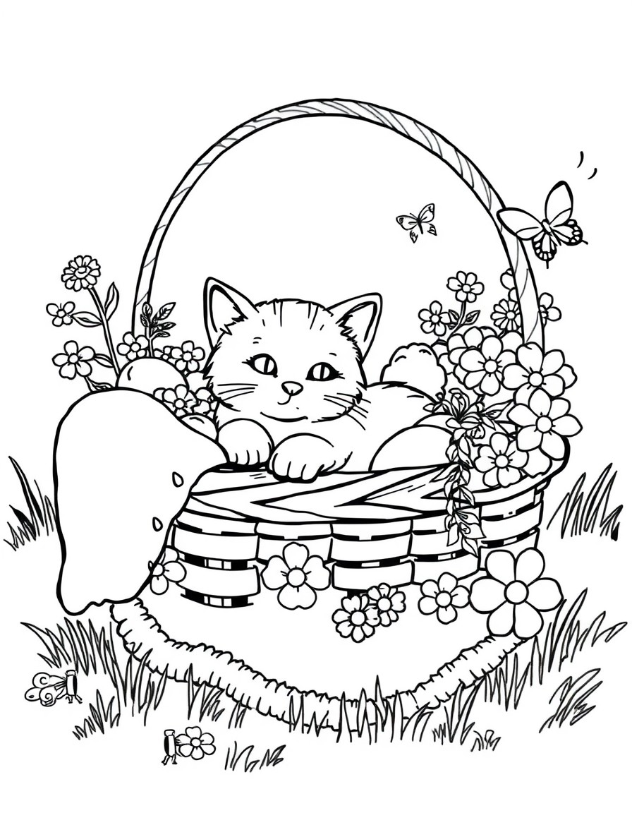 Create a drawing of a cat can be lying inside a picnic basket filled with fruit, flowers, and a fluffy blanket. Small details such as butterflies or bees around can make the scene even more charming.