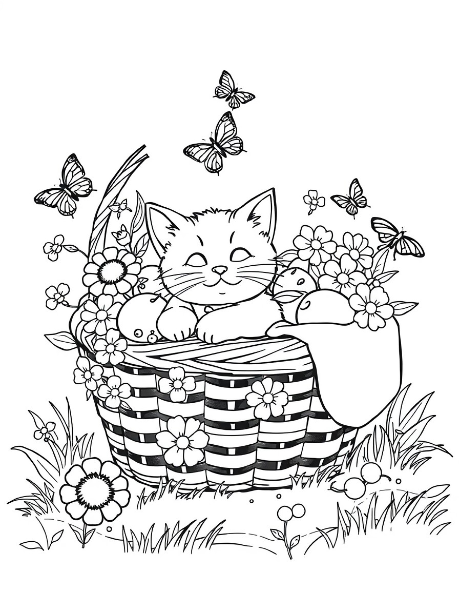 Create a drawing of a cat can be lying inside a picnic basket filled with fruit, flowers, and a fluffy blanket. Small details such as butterflies or bees around can make the scene even more charming.