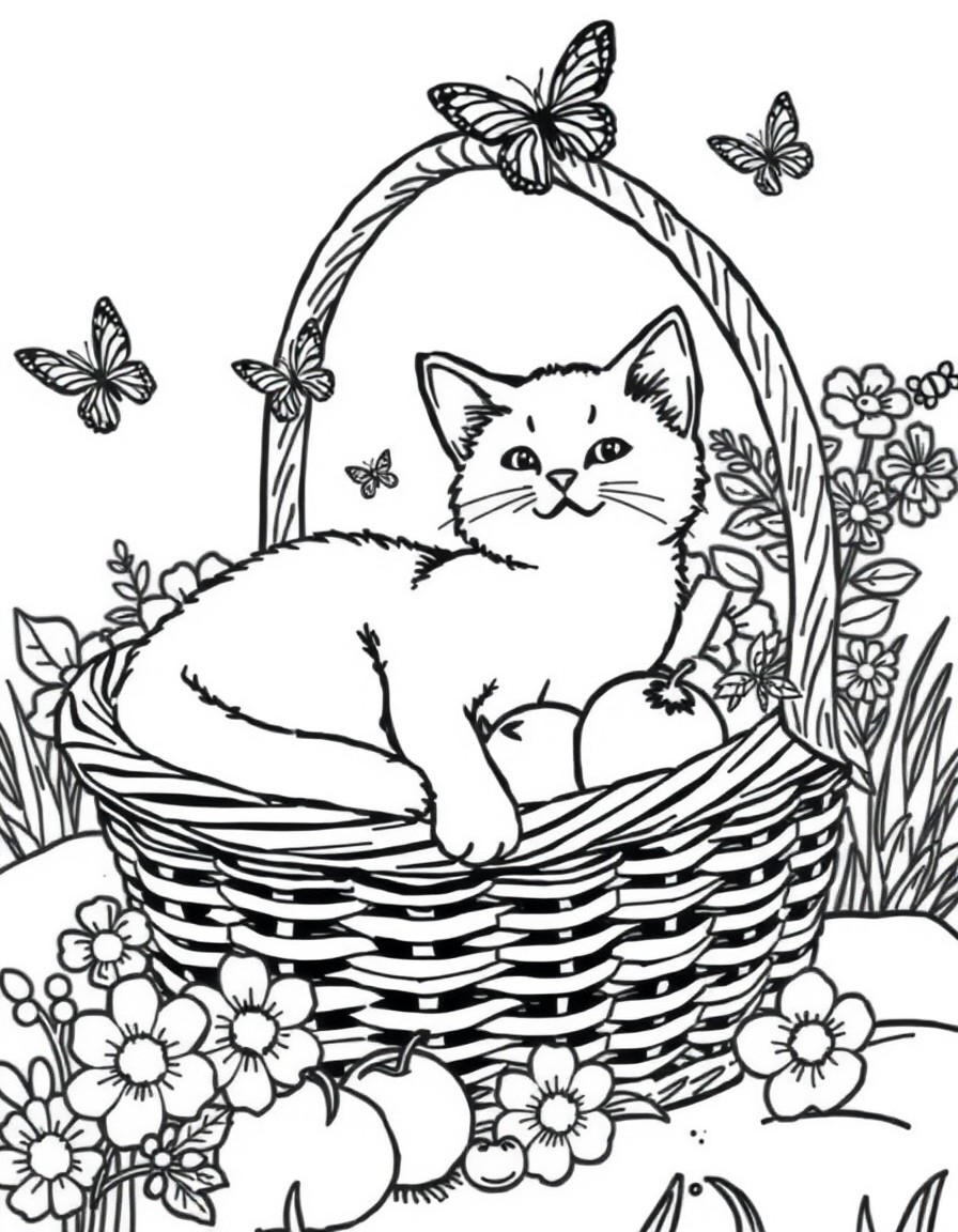 Create a drawing of a cat can be lying inside a picnic basket filled with fruit, flowers, and a fluffy blanket. Small details such as butterflies or bees around can make the scene even more charming.