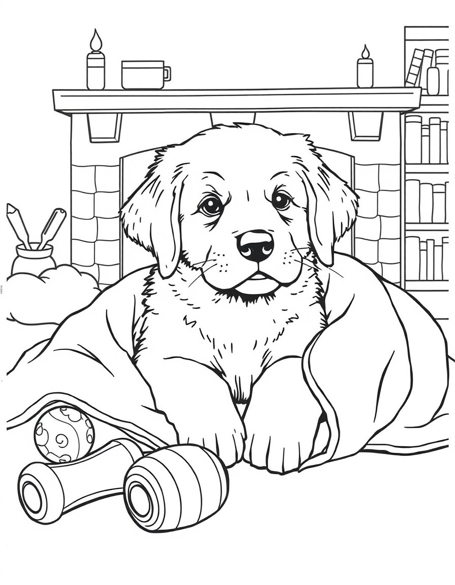 create a drawing of a Golden Retriever puppy  wrapped in a blanket or resting in a pet bed, with toys lying around. You can have a fireplace or a bookcase in the background to create a comfortable cli