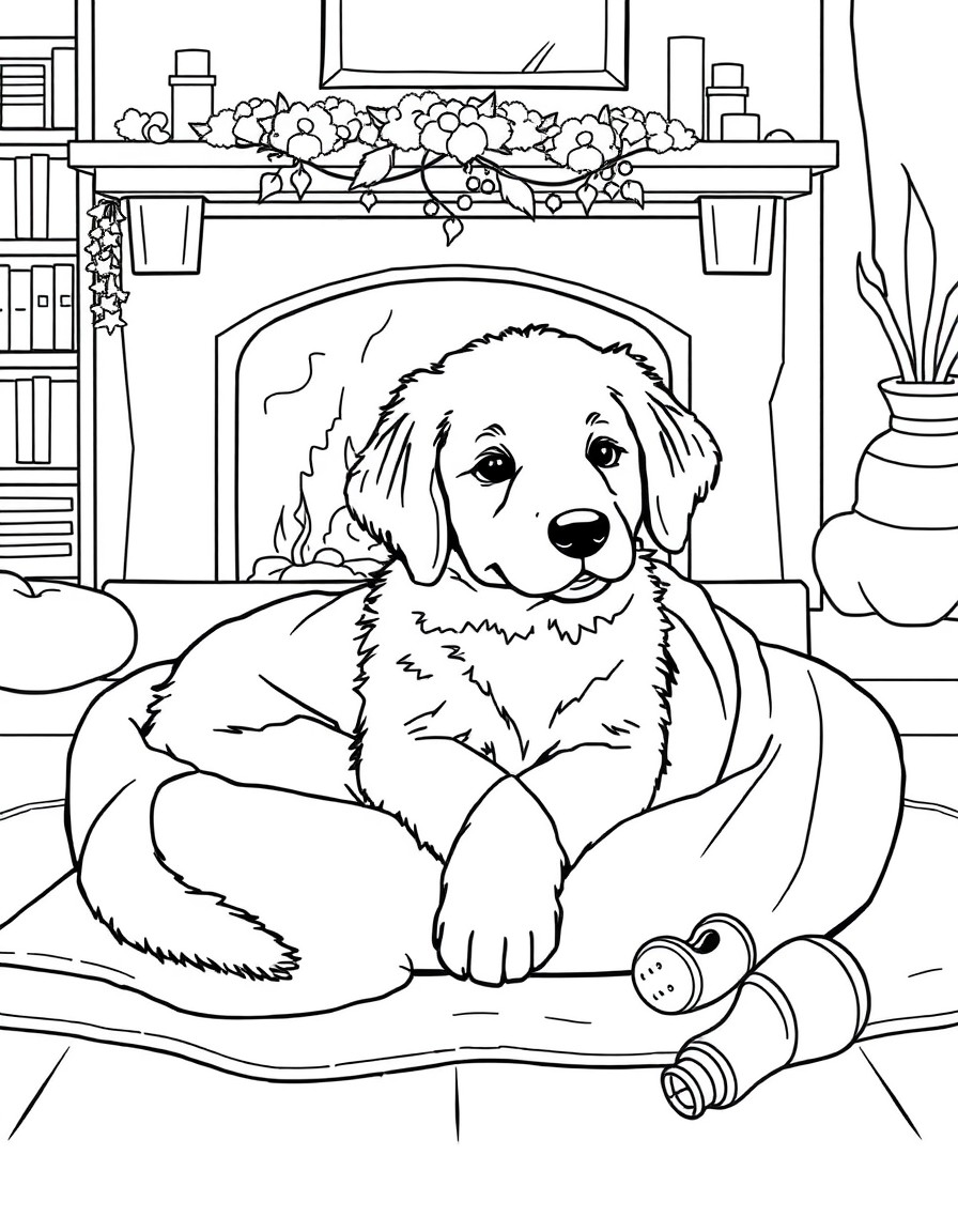 create a drawing of a Golden Retriever puppy  wrapped in a blanket or resting in a pet bed, with toys lying around. You can have a fireplace or a bookcase in the background to create a comfortable cli